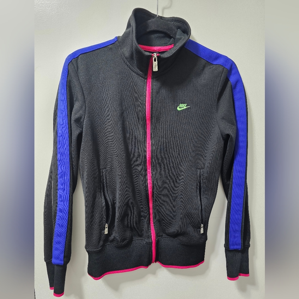 Women's Nike Athletic Zip Up Jacket. Black With Vibrant Neon Accents. Size M.
